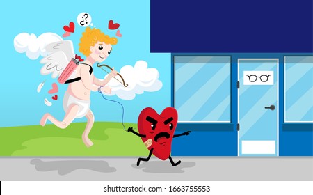 A very confused cupid boy is taken away by an angry heart to an optics place because he can't see well, cupid doesn't see well so he needs glasses