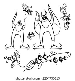 Very cool and artistic set of doodle monster pictures. black and white, suitable for doodle design elements, murals, coloring books and others.