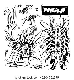 Very cool and artistic set of doodle vector flying evil monster. black and white, suitable for doodle design elements, murals, coloring books and others.
