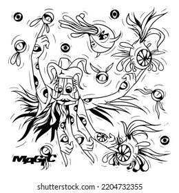 Very cool and artistic set of doodle vector magician monster. black and white, suitable for doodle design elements, murals, coloring books and others.