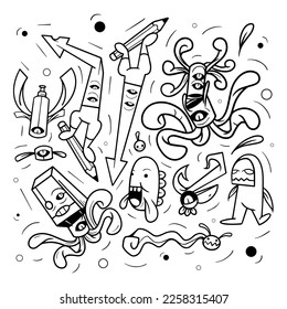 Sehr coole und künstlerische Set von doodle Vektormonster Invasion. Schwarz-Weiß, Perfekt für doodle Design-Elemente, Wandbilder, Farbbücher und andere