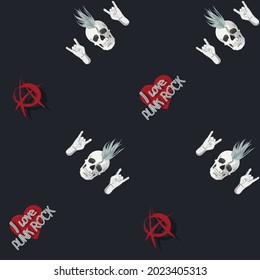 very cool punk rock seamless pattern.overlapping hearts and the words "I love punk rock",skulls and rocker hand gestures,the anarchy logo are arranged on a black background in a specific order.vector