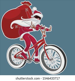 Very cool Santa on a fatbike in fashionable glasses with a huge bag of gifts. Cartoon vector color image.