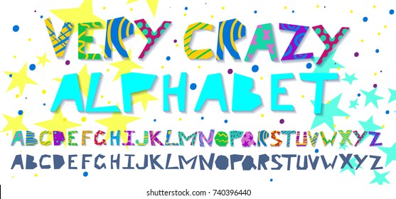 Very crazy alphabet. Hand drawn doodle abc, cut out font. Vector alphabet.