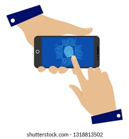 Very Creative and unique design of hand held mobile smart phone and the digital scanner on the screen of the phone, the other hand is finger scanning on the phone to unlock it.