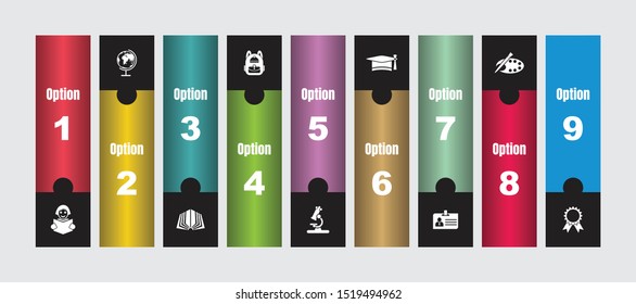 Very Creative & Useful 9 Education Options Infographic Icons Set for Graphic Design, Web Design & App Design.