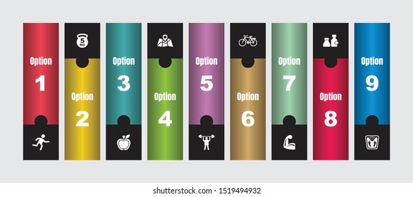 Very Creative & Useful 9 Options Fitness Infographic Icons Set for Graphic Design, Web Design & App Design.