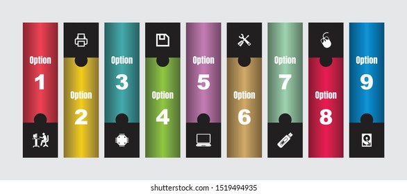 Very Creative & Useful 9 Options Computer Parts Infographic Icons Set for Graphic Design, Web Design & App Design.
