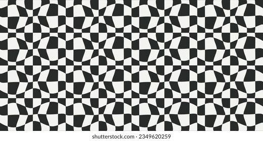 Very curly racing flag. Pattern of black and white curved cells, seamless vector flag. Optical chessboard, like a developing racing flag.