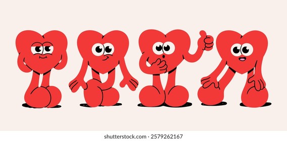 Very cute, adorable Hearts with legs, eyes, hands. Various poses, emotions. Love, Valentine's day, romance concept. Funny cartoon style characters. Hand drawn Vector illustration. Isolated elements