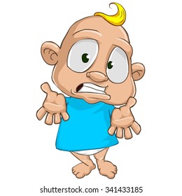 Very cute and adorable white skin baby boy cartoon character isolated on the white background. Staying apologizing