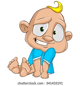 Very cute and adorable white skin baby boy isolated on the white background. Character is sitting, shying and smiling