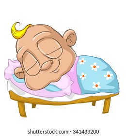 Very cute and adorable white skin baby boy cartoon character isolated on the white background. Sleeping in the bed, seeing a nice dreams.