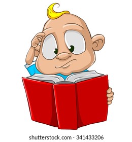 Very cute and adorable white skin baby boy cartoon character isolated on the white background. Reading a red book, scratching a head