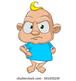 Very cute and adorable white skin baby boy cartoon character isolated on the white background. Staying angry, displeased, disgruntled