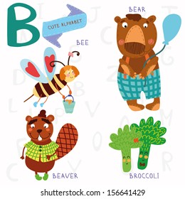 Very cute alphabet. B letter. Bee, beaver, bear, broccoli. Alphabet design in a colorful style.