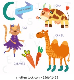 Very cute alphabet. C letter. Cat, cow, camel, carrots. Alphabet design in a colorful style.