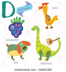 Very cute alphabet. D letter. Dewberry,duck,dog,dinosaur. Alphabet design in a colorful style.