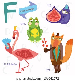 Very cute alphabet. F letter. Flamingos, figs, fox, frog. Alphabet design in a colorful style.