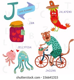 Very cute alphabet. J letter. Jam, jalapeno, jellyfish, jaguar. Alphabet design in a colorful style.