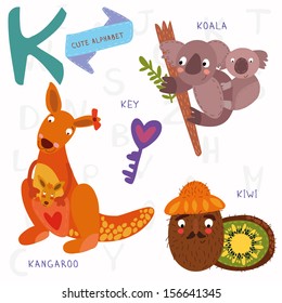 Very cute alphabet. K letter. kangaroo, koala, kiwi,key. Alphabet design in a colorful style.