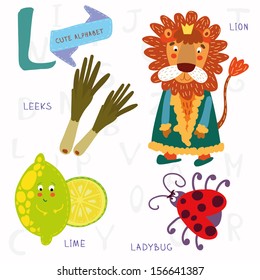 Very cute alphabet. L letter.Leeks, lion, ladybug, lime. Alphabet design in a colorful style.