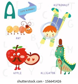 Very cute alphabet. A letter. Ant, astronaut, apple, alligator. Alphabet design in a colorful style.