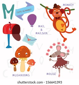 Very cute alphabet. M letter.Monkey, mushrooms, mail, mailbox, mouse. Alphabet design in a colorful style.