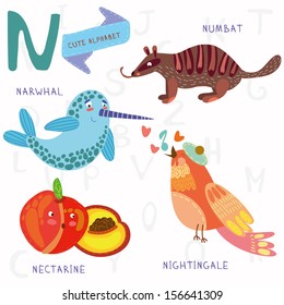 Very cute alphabet. N letter.Narwhal,numbat,Nightingale, nectarine. Alphabet design in a colorful style.