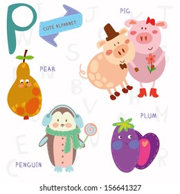 Very cute alphabet. P letter. Pear, pig, penguin, plum. Alphabet design in a colorful style.