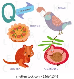 Very cute alphabet. Q letter. Quokka,quiche,quandong,quail. Alphabet design in a colorful style.