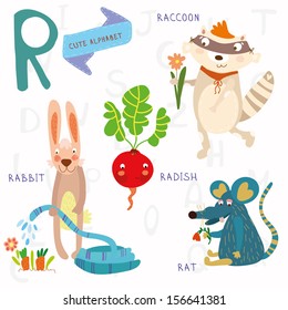 Very cute alphabet. R letter.Rat, raccoon, radishes, rabbit. Alphabet design in a colorful style.