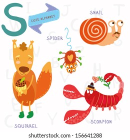 Very cute alphabet. S letter.Squirrel, scorpion, spider, snail. Alphabet design in a colorful style.