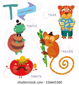 Very cute alphabet. T letter. Tarsier,Turtle, tomatoes, tiger. Alphabet design in a colorful style.