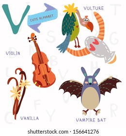 Very cute alphabet. V letter. Vulture,vampire bat,violin,vanilla. Alphabet design in a colorful style.