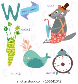 Very cute alphabet. W letter. Wolf, wasabi, whale,watch. Alphabet design in a colorful style.