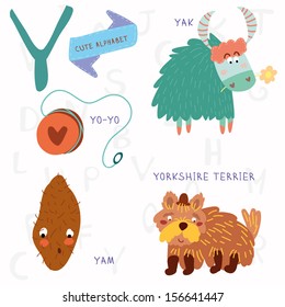 Sehr süßes Alphabet. Y-Brief. Yorkshire Terrier, yam, yo-yo, yak.Alphabet-Design in einem bunten Stil.