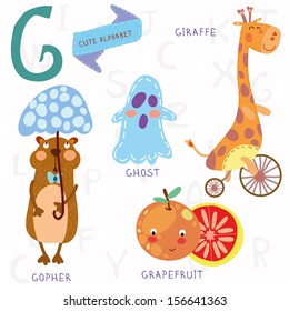 Very cute alphabet.G letter. Ghost,gopher, giraffe, grapefruit. Alphabet design in a colorful style.