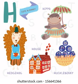 Very cute alphabet.H letter. Hedgehog, house, hippopotamus,huckleberry. Alphabet design in a colorful style.