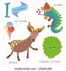 Very cute alphabet.I letter. Iceberg lettuce, iguana, ice cream, impala. Alphabet design in a colorful style.