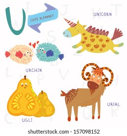 Very cute alphabet.U letter. Urial,urchin,unicorn,ugli fruit. Alphabet design in a colorful style.