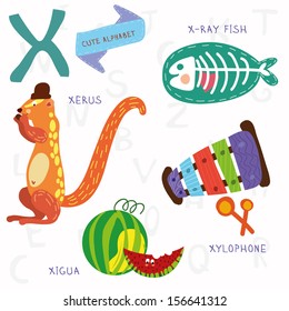 Very cute alphabet.X letter. Xerus,x-ray fish,xylophone,xigua. Alphabet design in a colorful style.