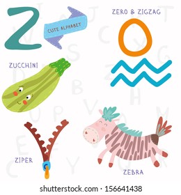 Very cute alphabet.Z letter. Zebra, zero, zigzag, zucchini, ziper. Alphabet design in a colorful style.