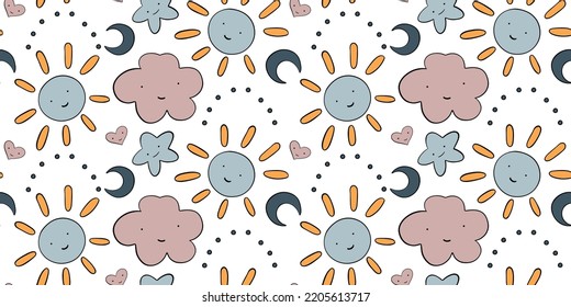 Very cute baby pattern, design for newborns, baby clothes, baby wallpapers and cards. Sun, clouds, stars, hearts.