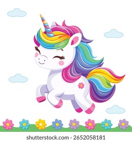 Very cute baby unicorn with beautiful bright colored hair on white background with flowers. Poster, banner, flyer, greeting card. Vector illustration in flat cartoon style