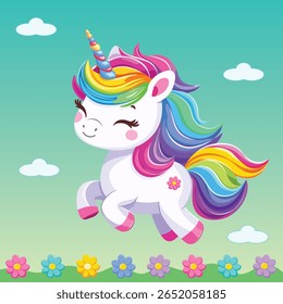 Muito bonito unicórnio bebê com cabelo brilhante bonito no fundo de cor com flores. Cartaz, banner, folheto, cartão comemorativo. Ilustração vetorial em estilo de desenho animado plano