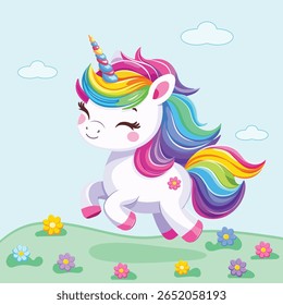 Muito bonito unicórnio bebê com cabelo brilhante bonito no fundo azul com flores. Cartaz, banner, folheto, cartão comemorativo. Ilustração vetorial em estilo de desenho animado plano