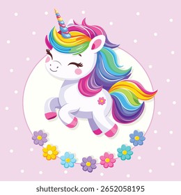 Muito bonito unicórnio bebê com cabelo brilhante bonito no fundo rosa com flores. Cartaz, banner, folheto, cartão comemorativo. Ilustração vetorial em estilo de desenho animado plano