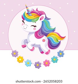 Unicórnio bebê muito bonito com cabelo brilhante bonito no fundo branco com flores. Cartaz, banner, folheto, cartão comemorativo. Ilustração vetorial em estilo de desenho animado plano