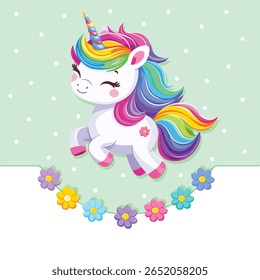 Unicórnio bebê muito bonito com cabelo brilhante bonito no fundo branco com flores. Cartaz, banner, folheto, cartão comemorativo. Ilustração vetorial em estilo de desenho animado plano